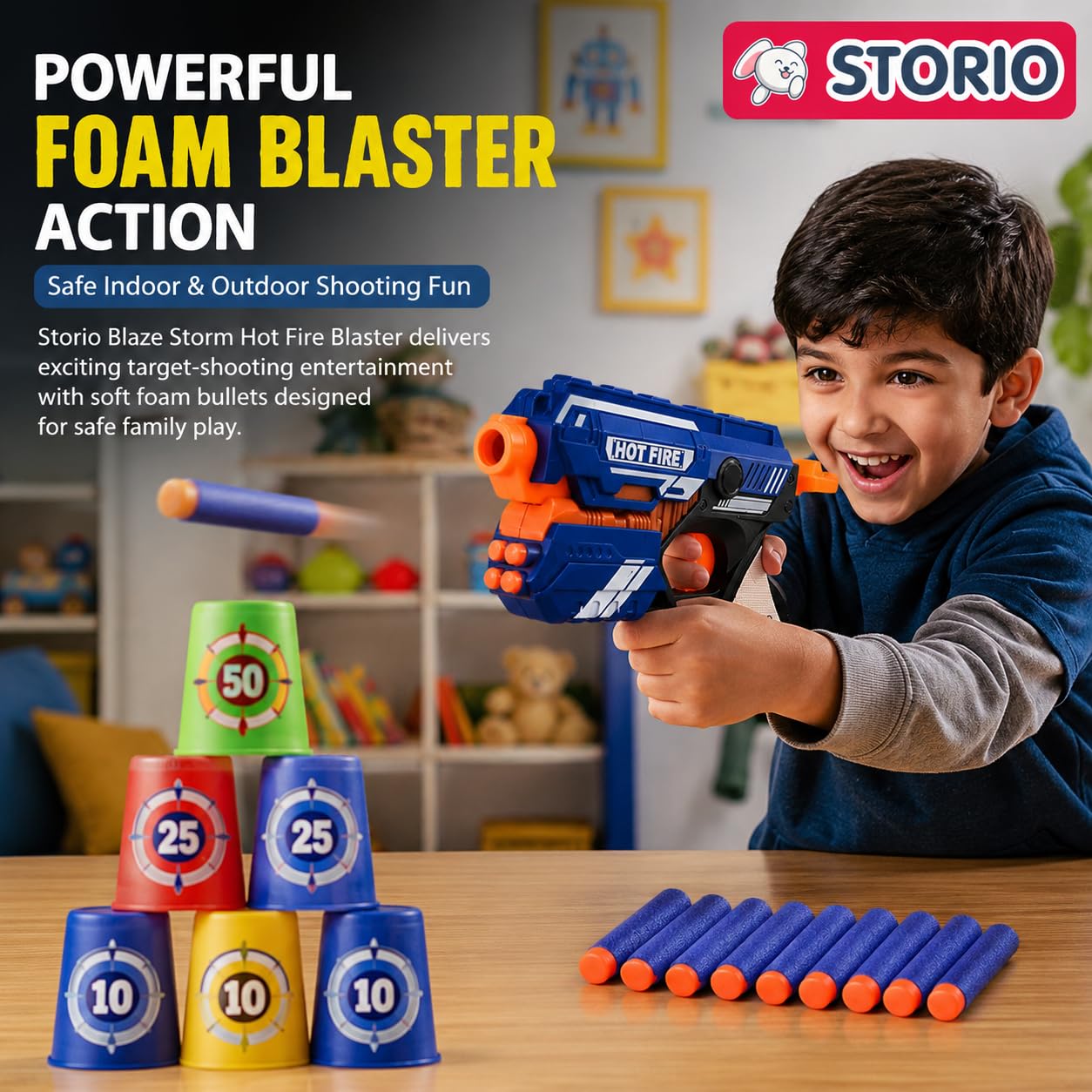 Storio Blaze Storm Hot Fire Soft Bullet Gun Toy With 10 Safe Soft Foam Bullets, Fun Target Shooting Battle Fight Game For Kids Boys (Blaze Storm- Hot Fire),Multicolor