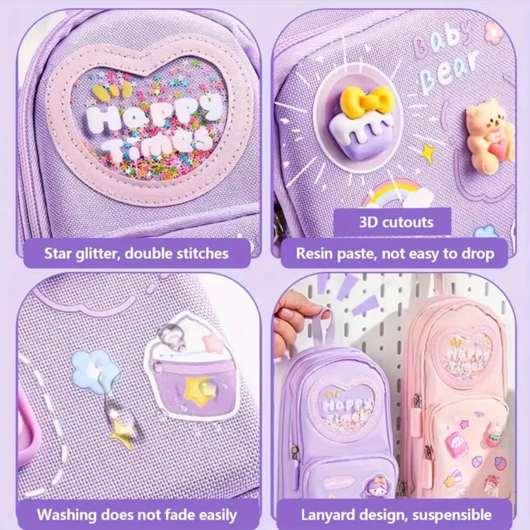 Supreme Deals Canvas Premium Pencil Case, 6 Layer, 3 Compartments, Large Capacity, Cute Aesthetic Design For Girls, Multifunctional Pouch For School Kids, purple