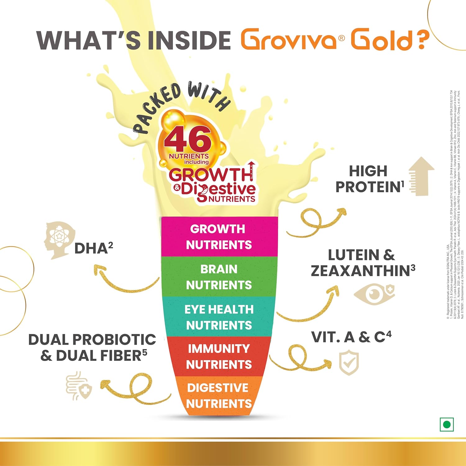 Groviva Gold Milk Protein Powder for Kids | 2-6 Years | 400g Chocolate Jar| 46 Nutrients | Growth & Digestive Nutrients | Supports Physical Growth, Brain Development, Immunity & Eye Health