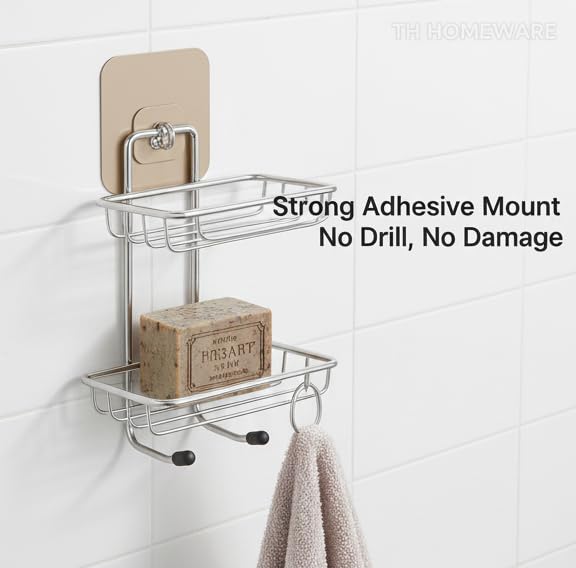 TH Homeware 2 Layer Stainless Steel Wall Mounted Kitchen & Bathroom Storage Rack | Multipurpose Organizer Shelf with Adhesive Hooks (Silver) Premium