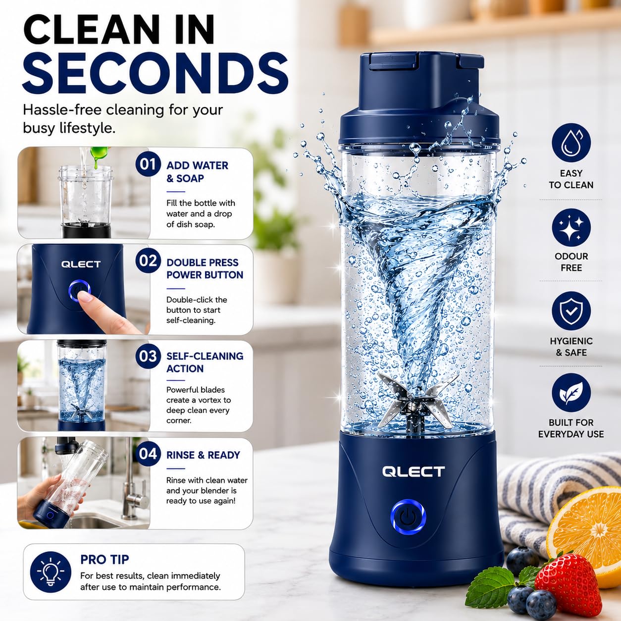 QLECT Portable Juicer Blender 400ML, 22 Stainless Steel Blades, 3000mAh Battery, 7.4V Motor, USB Type-C Rechargeable Smoothie Maker for Fruits, Protein Shakes & Travel(Blue)