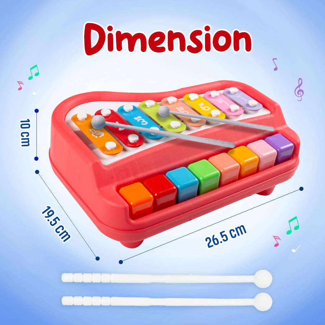 Gooyo 1511 Preschool Kids Educational Knock Playing Musical Xylophone Toy for Kids | 2 in 1 Big Musical Piano and Xylophone Toy with Colorful Keys & 2 Mallets | Red | No Batteries Required