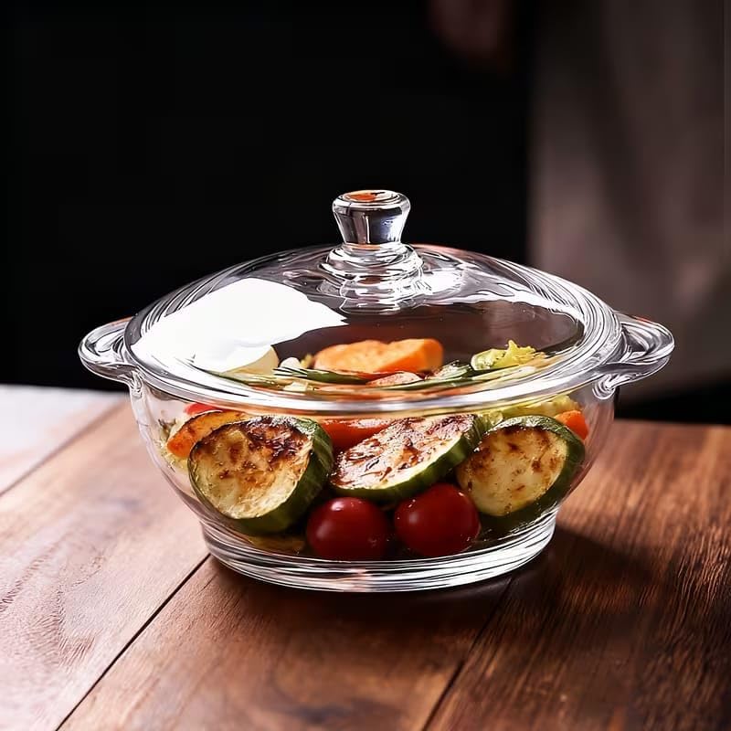 Glass Casserole Dish with Lid, 1000ml, Clear, Heat-Resistant, Microwave and Dishwasher Safe, for Soups and Stews - 1 pcs