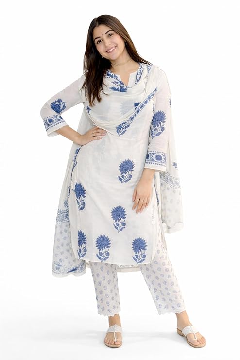 Women's Hand Block Floral Printed Straight Kurta Set with Palazzo Pants & Dupatta Ethnic Kurta Set for Casual Outings Day Events Summer Wear Festive