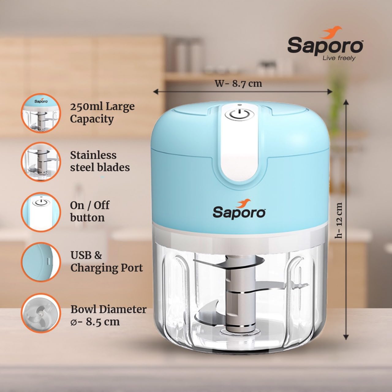 Saporo Strike Mini Rechargeable Vegetable Chopper for Kitchen - One Touch Operation - 3 Stainless Steel Blades for Chopping Onion, Mincing Garlic, Nuts, Meats - 250 ml Capacity, Blue