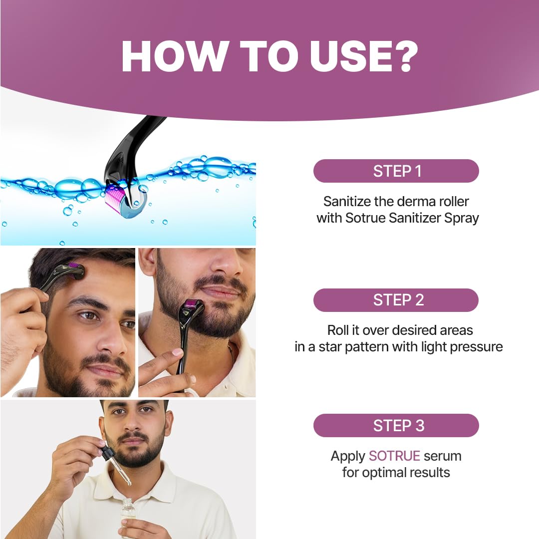 Sotrue Derma Roller 0.5mm with Sanitizer | 540 Stainless Steel Needles | Derma Roller for Hair Growth & Thickening, Repair Damages and Activates Hair Follicles, Reduces Acne Scars (Black)