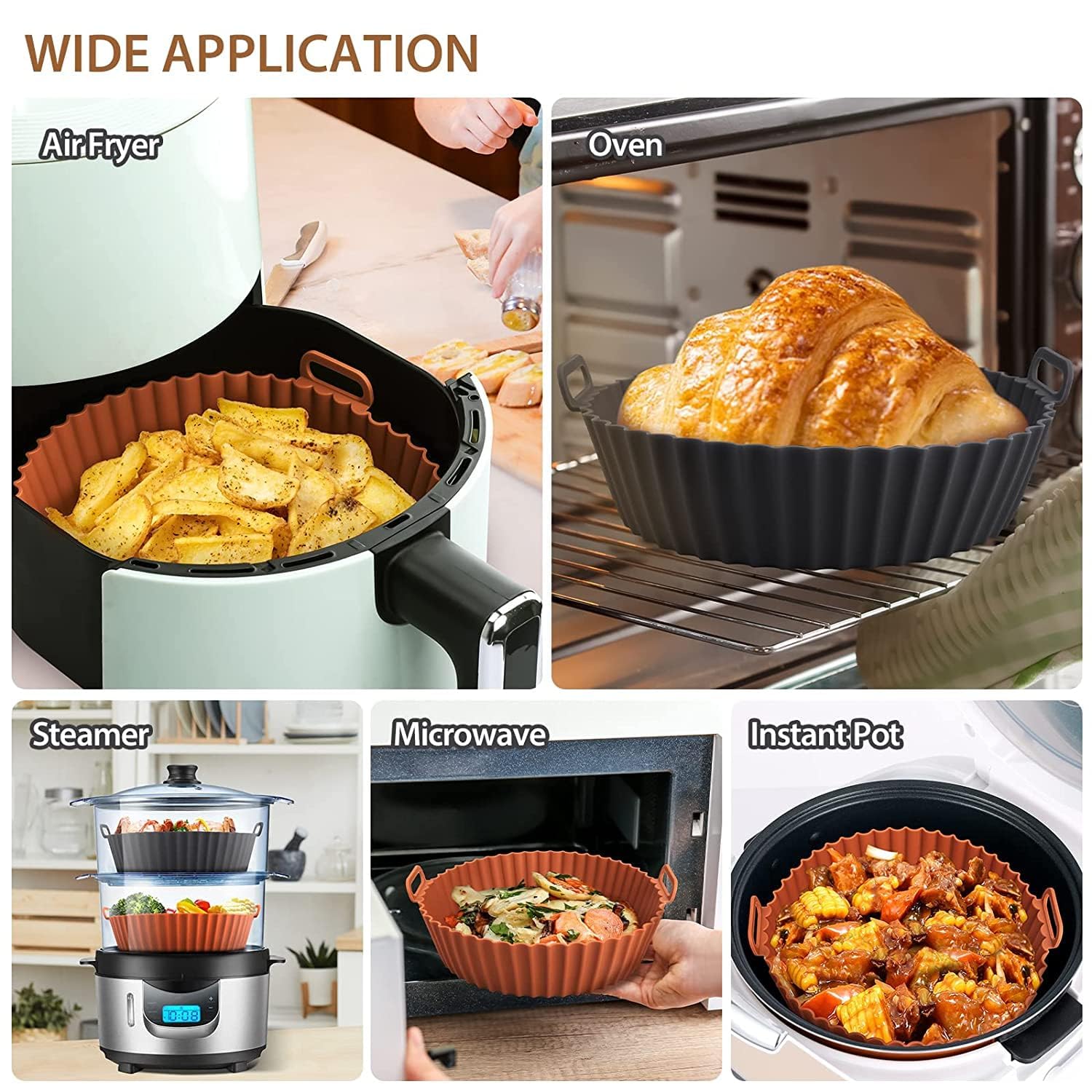 E-COSMOS® Nonstick Round Silicone Air Fryer Liners - Reusable Baking Tray with Ear Handles, 8 Inch Multicolor, Perfect for Easy Cooking & Cleanup - Multicolor (8 inch, Pack of 2)