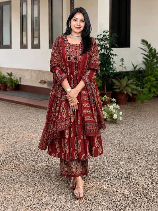 Nermosa Women's Printed Anarkali Kurta Palazzo Set with Dupatta