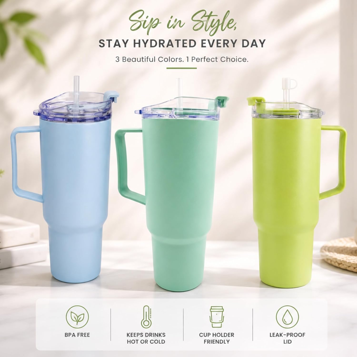 SR Plastic Tonny Tumbler with Handle & Lid, Straws – Mug with Lid | Reusable Plastic Coffee Sipper Mugs with Lid & Straw | Large Travel Mug Water Cup for Gym, Office & Outdoor Use (Purple)