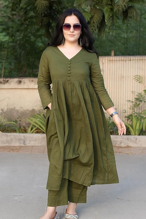 Anarkali Kurta Pant Set for Women Long Flared V-Neck Kurta | Office & Casual Wear | 3/4 Sleeve | Button Front