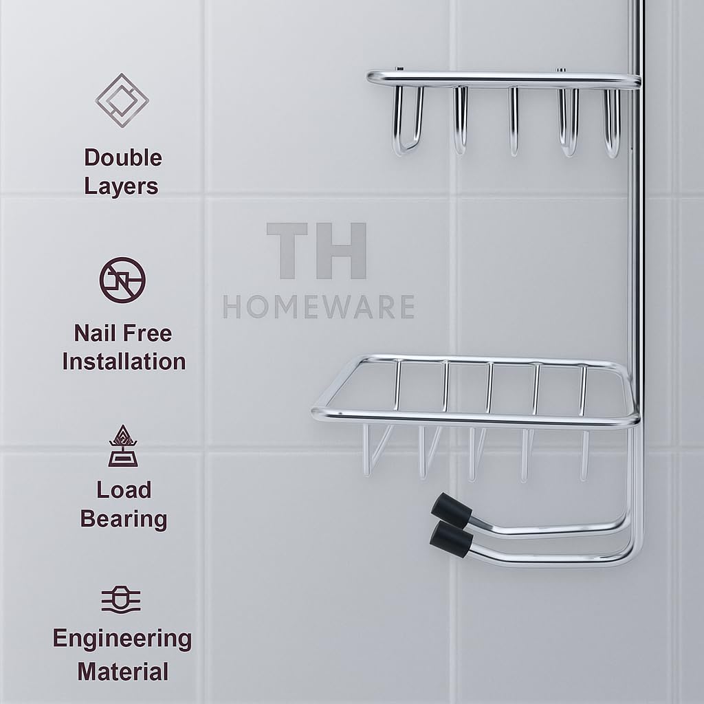 TH Homeware 2 Layer Stainless Steel Wall Mounted Kitchen & Bathroom Storage Rack | Multipurpose Organizer Shelf with Adhesive Hooks (Silver) Premium