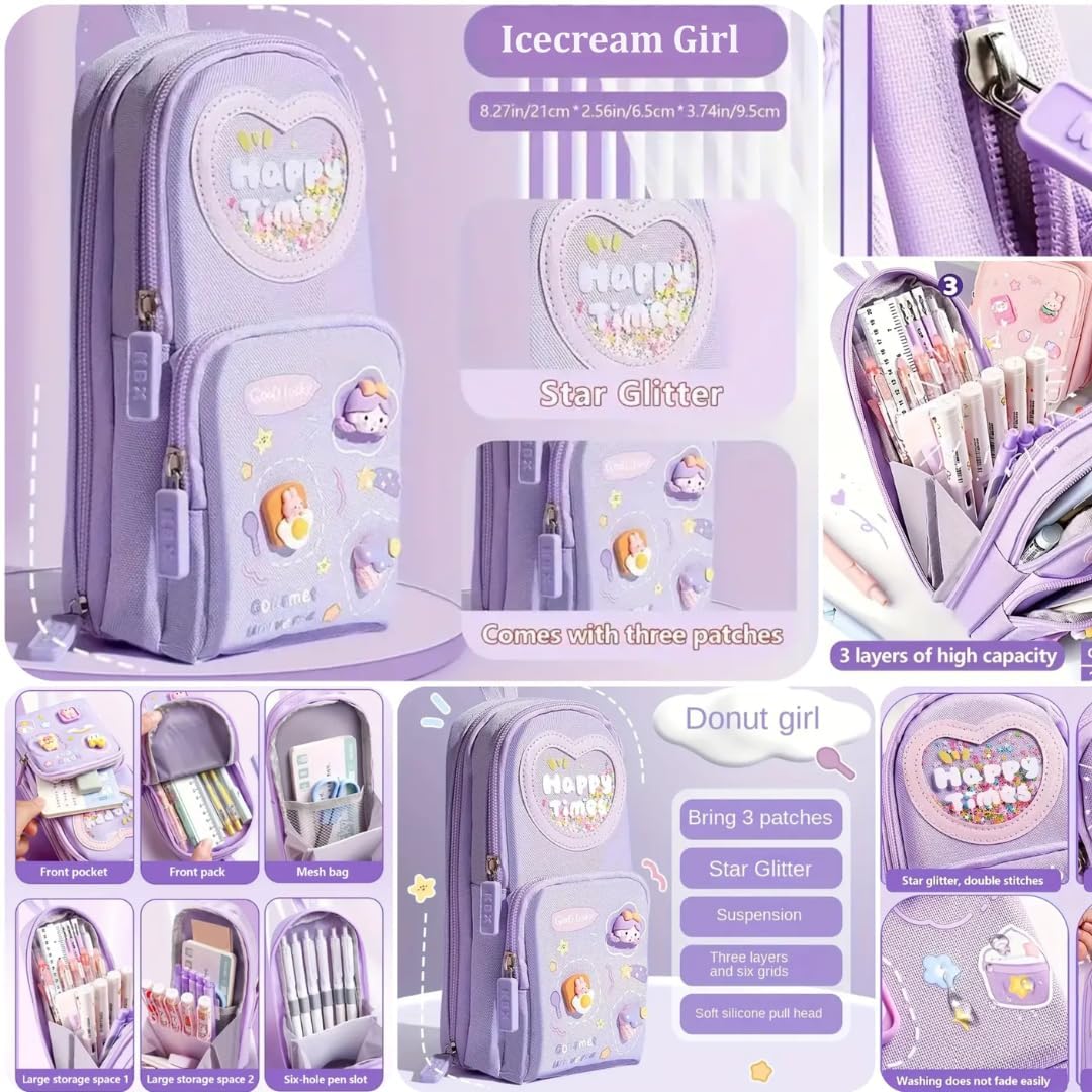 Supreme Deals Canvas Premium Pencil Case, 6 Layer, 3 Compartments, Large Capacity, Cute Aesthetic Design For Girls, Multifunctional Pouch For School Kids, purple