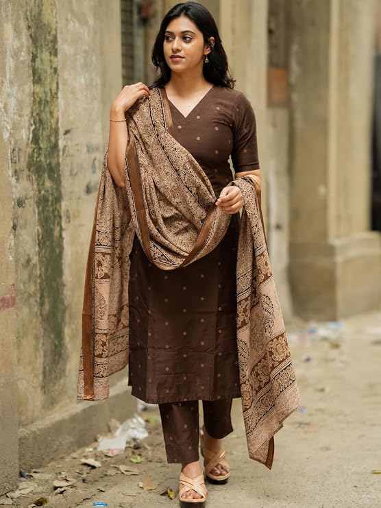 GoSriKi Kurta Set Women Viscose Printed | Kurti Set Woman | Kurta Pant Dupatta 3 Piece Outfit | V-Neck Elbow Length Sleeve Straight Fit Ethnic Wear Ladies Dress Stylish Traditional Clothing