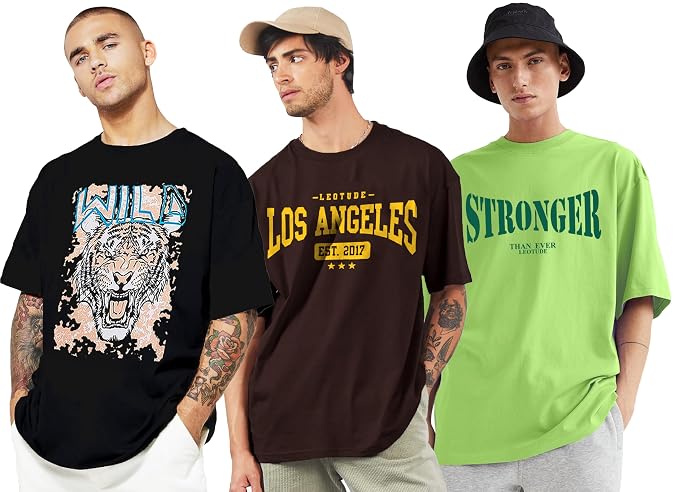 LEOTUDE Men's Cotton Regular Fit Half Sleeve Oversized Tshirt, Round Neck