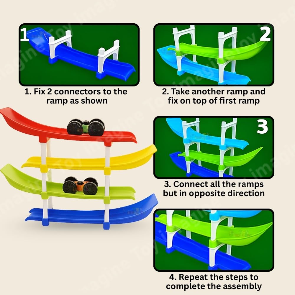 Toy Imagine 4-Level Car Ramp Racer Toy with 4 Cars – Rolling Track Toy for Kids Ages 2–7 | Birthday Gift for Boys & Girls | Educational & Fun Car Toy Set | Colorful Racing Action