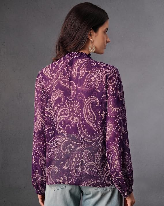 Women Georgette Regular Fit Shirt ||Women Top || Cecily Paisley-Trim Button-Front Shirt (S-01-04)