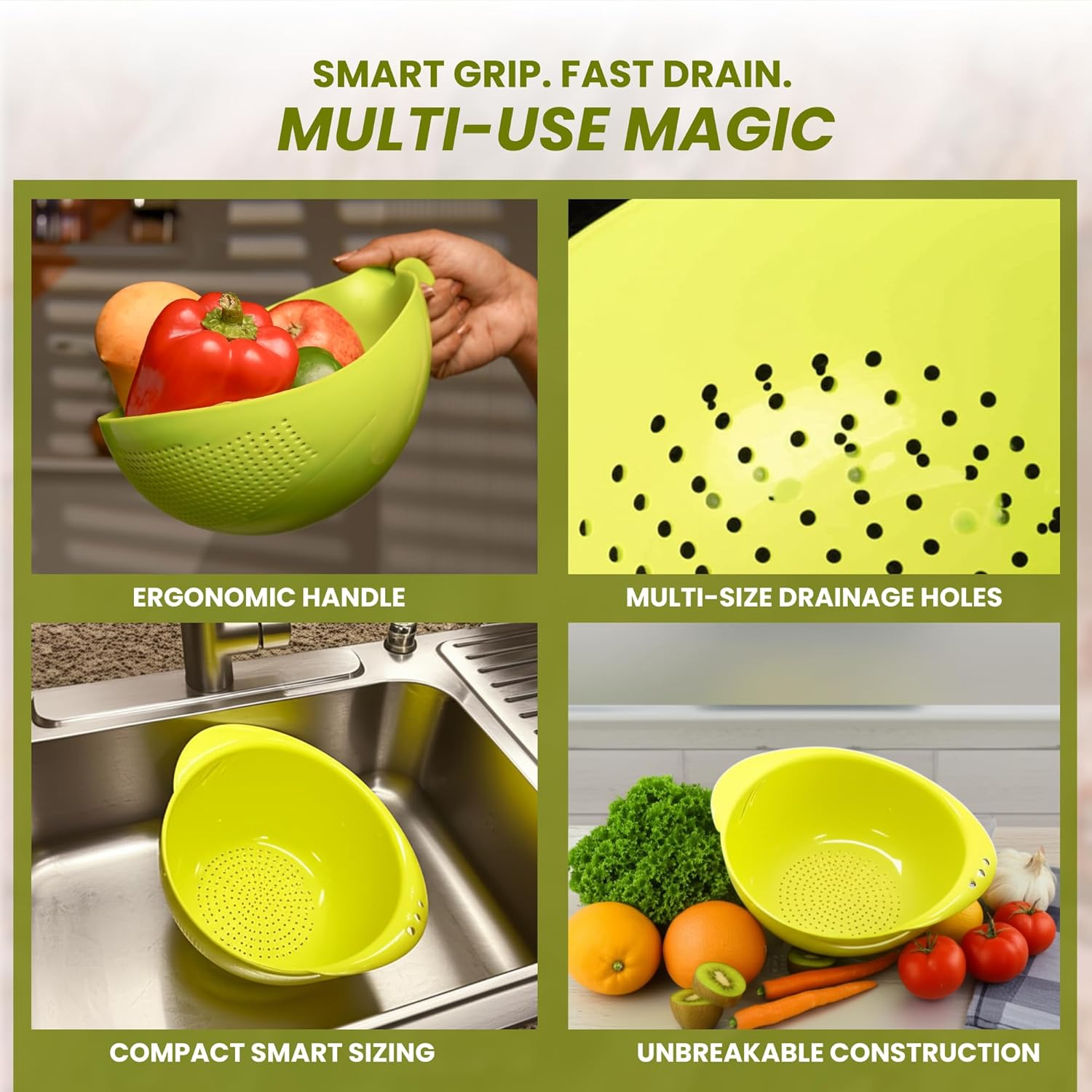 Clazkit Food Strainer Colander, Fruit Basket, Pasta Strainer, Vegetable Strainer, Kitchen Sieve, Washing Bowl, Unbreakable, (Color May Vary), Plastic - 11.3 x 18 x 24.1 Centimeters