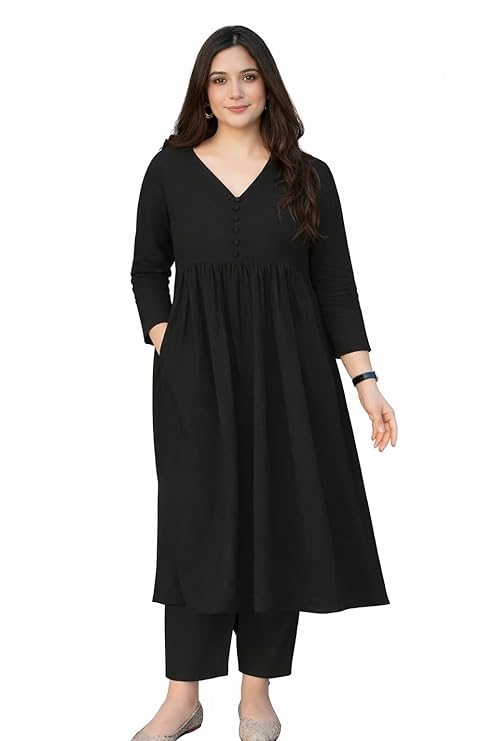 Anarkali Kurta Pant Set for Women Long Flared V-Neck Kurta | Office & Casual Wear | 3/4 Sleeve | Button Front