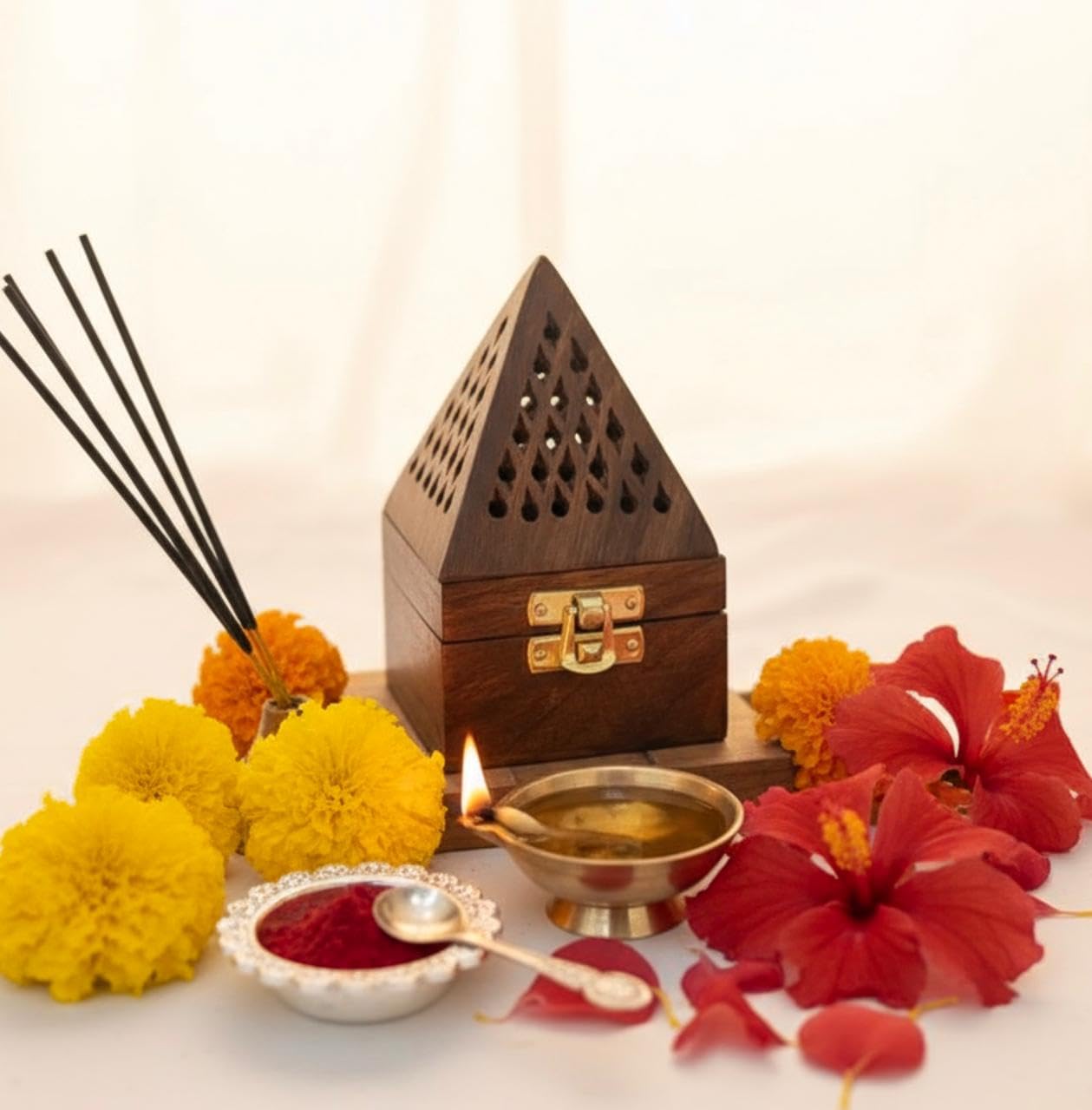 WOOD ART STORE Wooden Pyramid Shape Incense Box Hoder Stand | Wooden Agarbatti Stand with ash Catcher for Home Office
