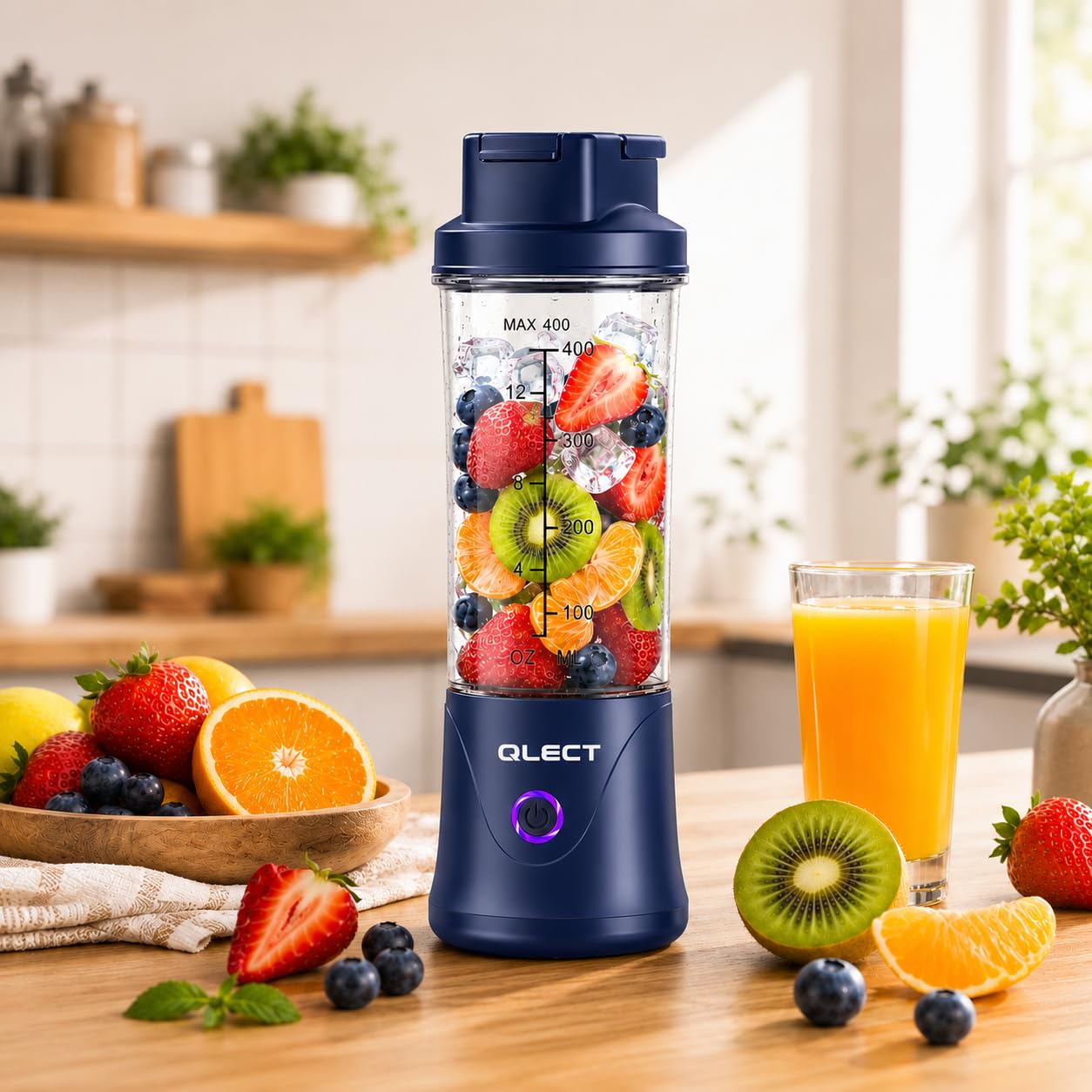 QLECT Portable Juicer Blender 400ML, 22 Stainless Steel Blades, 3000mAh Battery, 7.4V Motor, USB Type-C Rechargeable Smoothie Maker for Fruits, Protein Shakes & Travel(Blue)