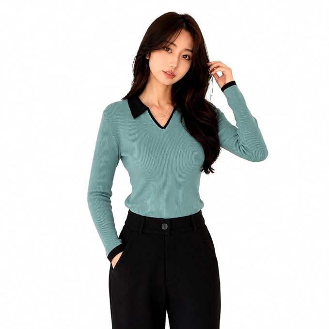 BLACK BUDDY Women's Cotton Blend Full Sleeve Collared V Neck T Shirt for Women | Regular Fit Solid Rib Knit Stretch Top | Casual Office College Formal T Shirt | S-XXL