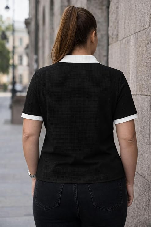 Women Polyester Regular Fit Polo T-Shirt with Short Sleeve and Zipper Waffle Self Design