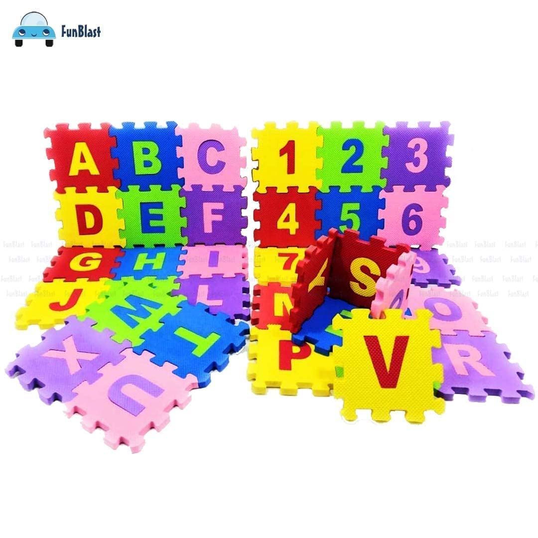FunBlast 36 Pieces Mini Puzzle Foam Mat for Kids, Interlocking Learning Alphabet and Number Mat for Kids - Multi-Color