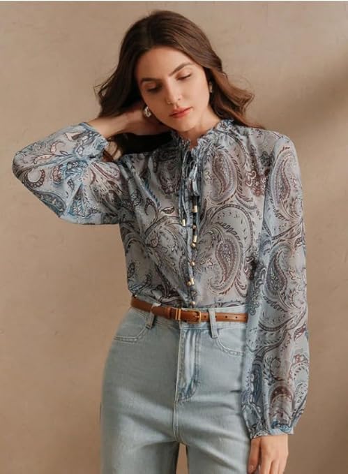 Women Georgette Regular Fit Shirt ||Women Top || Cecily Paisley-Trim Button-Front Shirt (S-01-04)