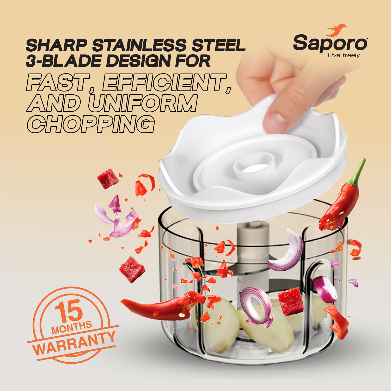 Saporo Strike Mini Rechargeable Vegetable Chopper for Kitchen - One Touch Operation - 3 Stainless Steel Blades for Chopping Onion, Mincing Garlic, Nuts, Meats - 250 ml Capacity, Blue