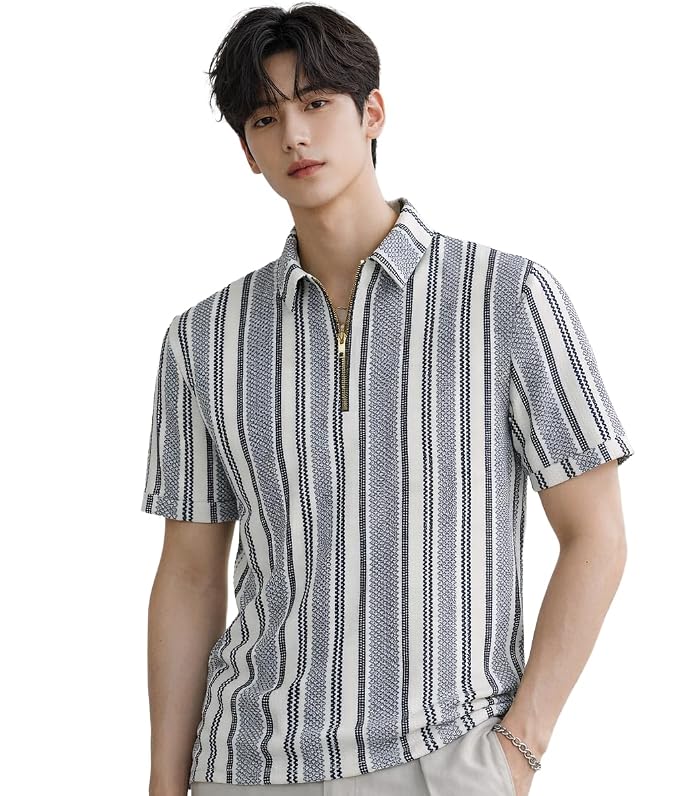 London Hills Men’s Loose Fit Half Sleeve Vertical Striped Polo T-Shirt with Zip Collar | Premium Polyester Fabric | T Shirt for Man | Tshirt | Shirts Men | Tshirt for Man | Men T-Shirts