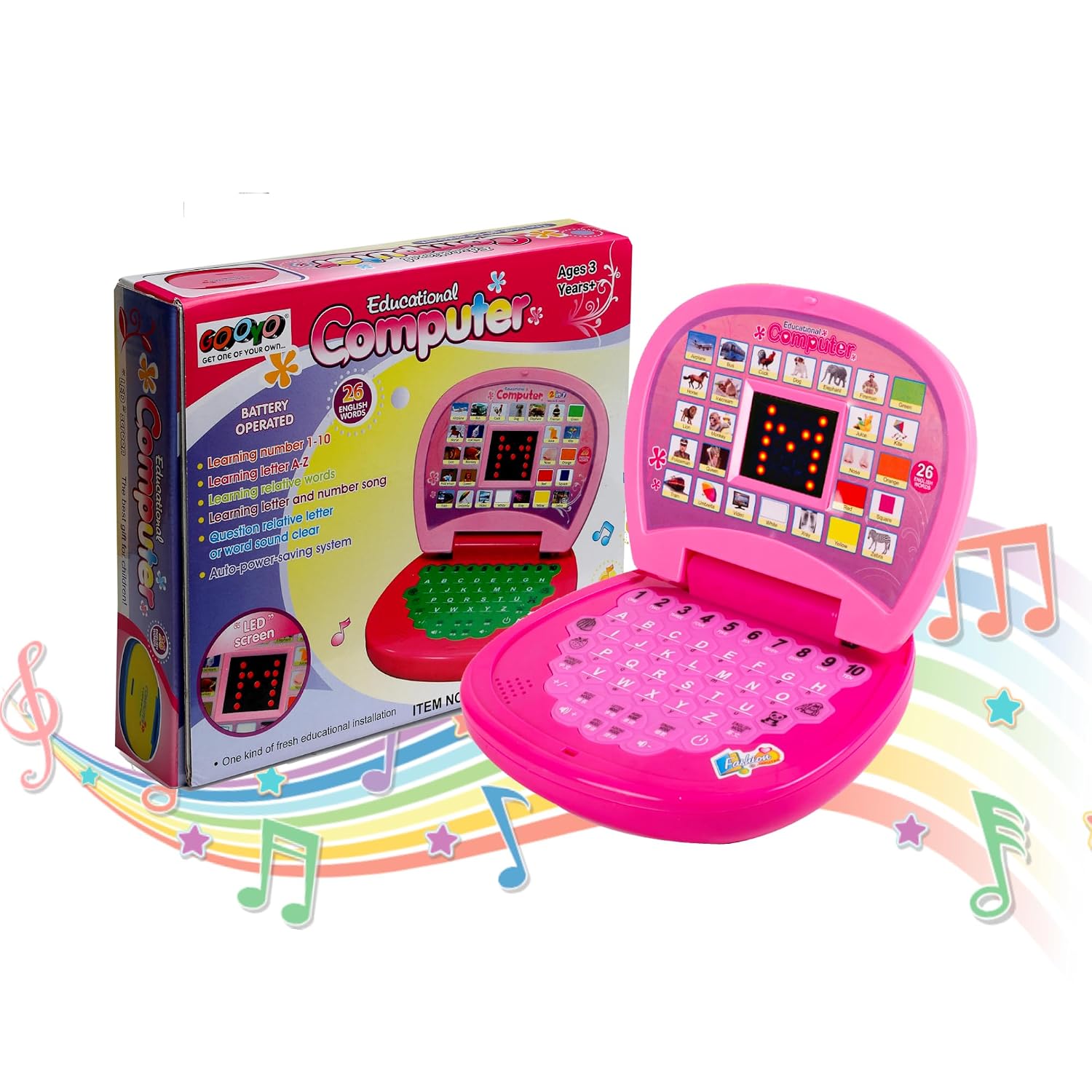 Gooyo GY-2020A Educational Learning Laptop Toy with LED Display and Musical Effects | Play & Learn with Fun | Indoor Toy for Kids | Educational Toy | Pink | 3xAA Battery (Not Included)