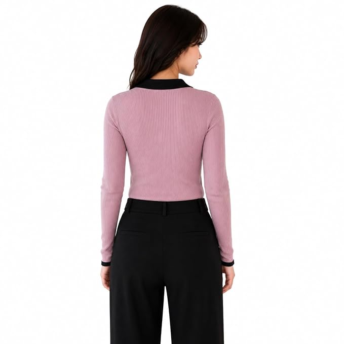 BLACK BUDDY Women's Cotton Blend Full Sleeve Collared V Neck T Shirt for Women | Regular Fit Solid Rib Knit Stretch Top | Casual Office College Formal T Shirt | S-XXL