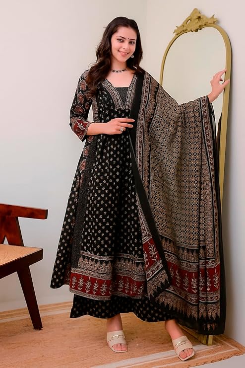 KLOSIA Women's Rayon Printed Anarkali Kurta and Pant with Dupatta Set