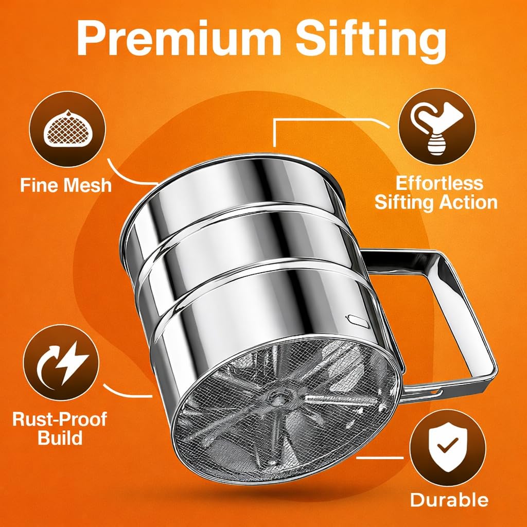 Flour Sifter Stainless Steel for Baking | Atta Channi/Flour Sieve with Fine Mesh & Easy Press Handle | Powdered Sugar & Maida Sifter | Baking Flour Strainer Kitchen Tool