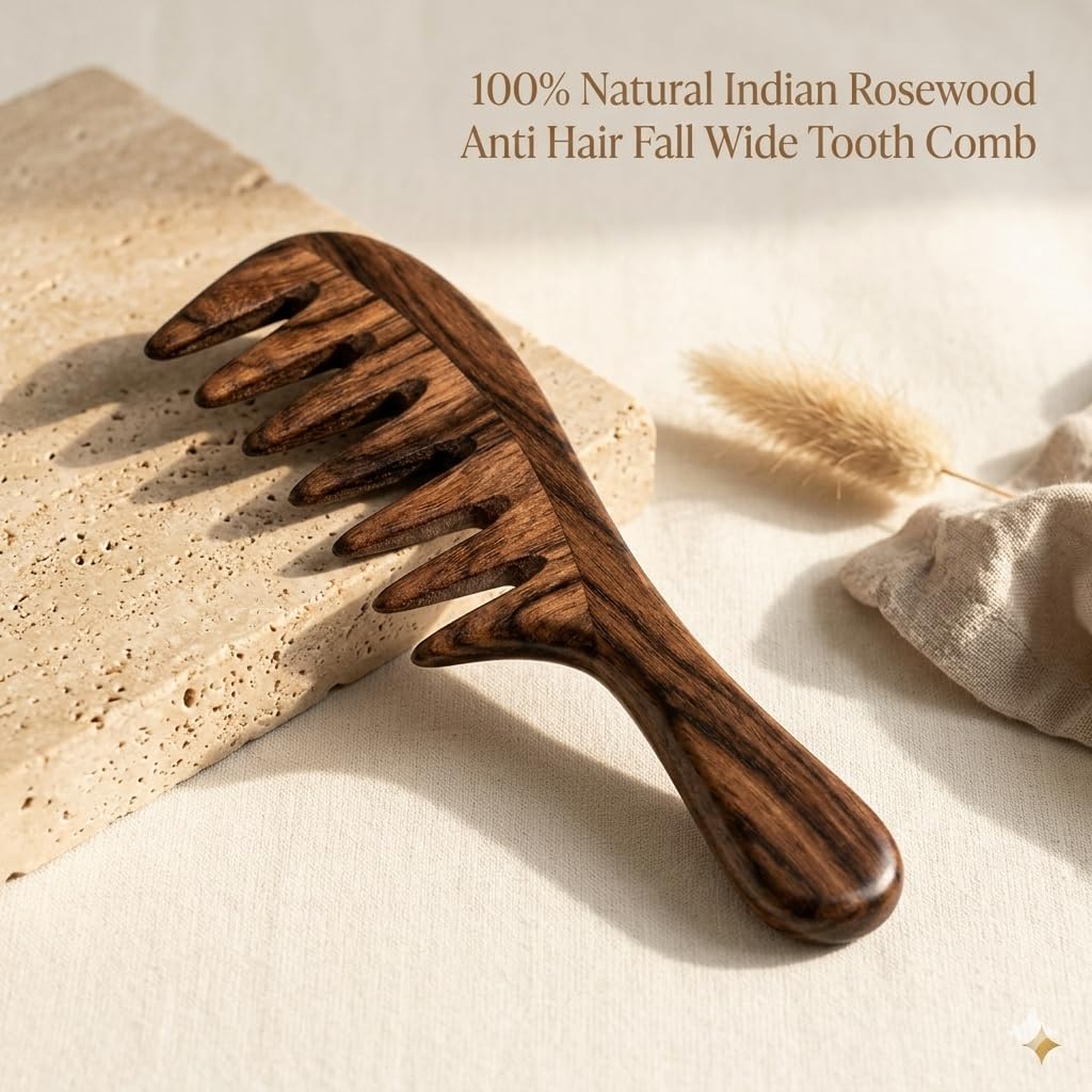Anti–Hair Fall Indian Rosewood Wooden Comb for Hair – Anti Static Sheeham Wood Comb – Extra Wide Tooth Natural Hair Comb for Men & Women