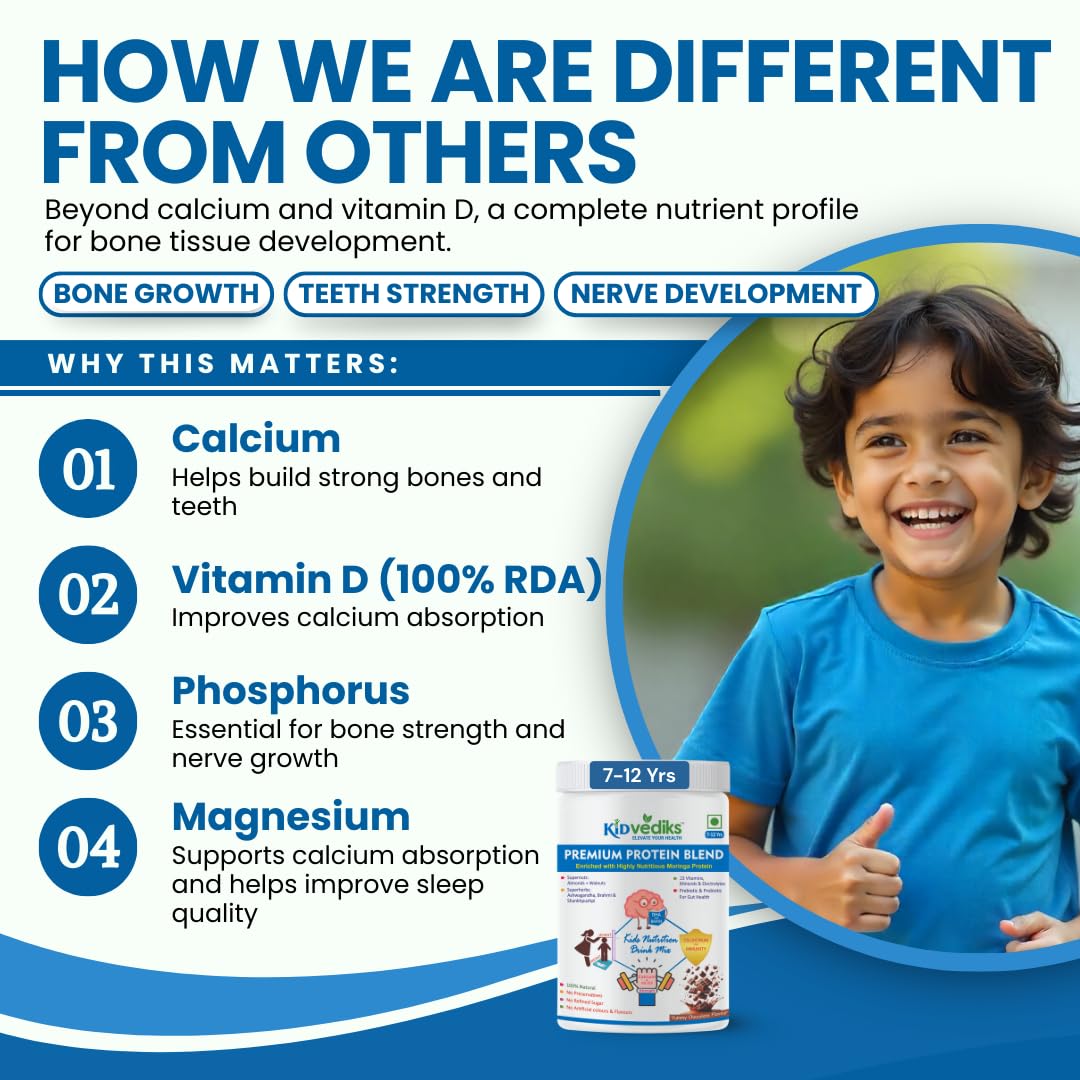 KidVediks Kids Protein Powder for Ages 7–12 yrs (350g) | Nutrition Drink Powder| Brain Booster | Health drink for kids | 8g Protein/Serving | 23 Vitamins & Minerals, DHA, Calcium, Zinc