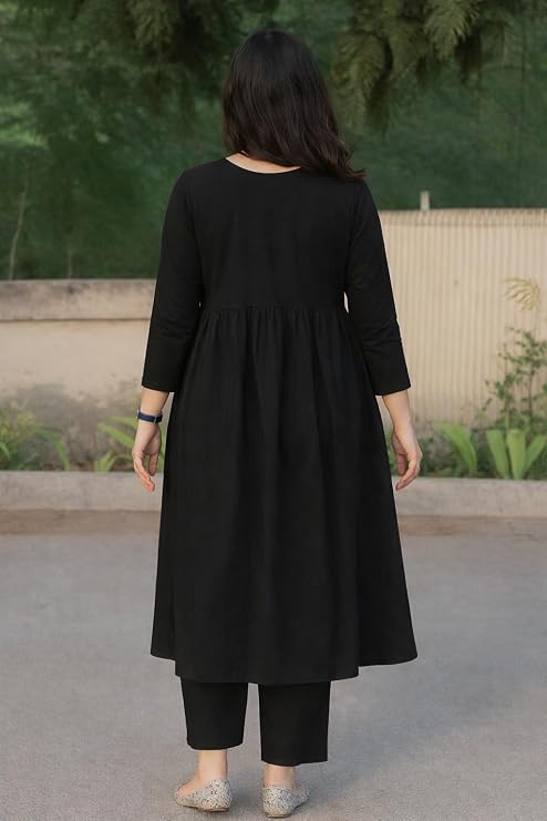 Anarkali Kurta Pant Set for Women Long Flared V-Neck Kurta | Office & Casual Wear | 3/4 Sleeve | Button Front