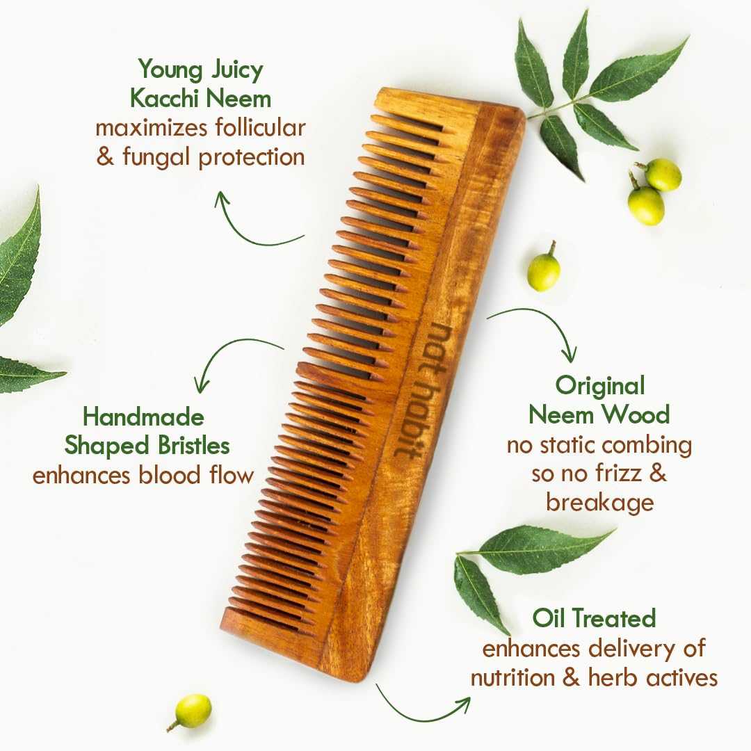 Nat Habit Kacchi Neem Wooden Comb, Soaked In 17 Herbs Neem & Sesame Oil For Multi-Actions - Detangling, Frizz Control & Shine,Suited For All Hair Types (Dual Tooth)