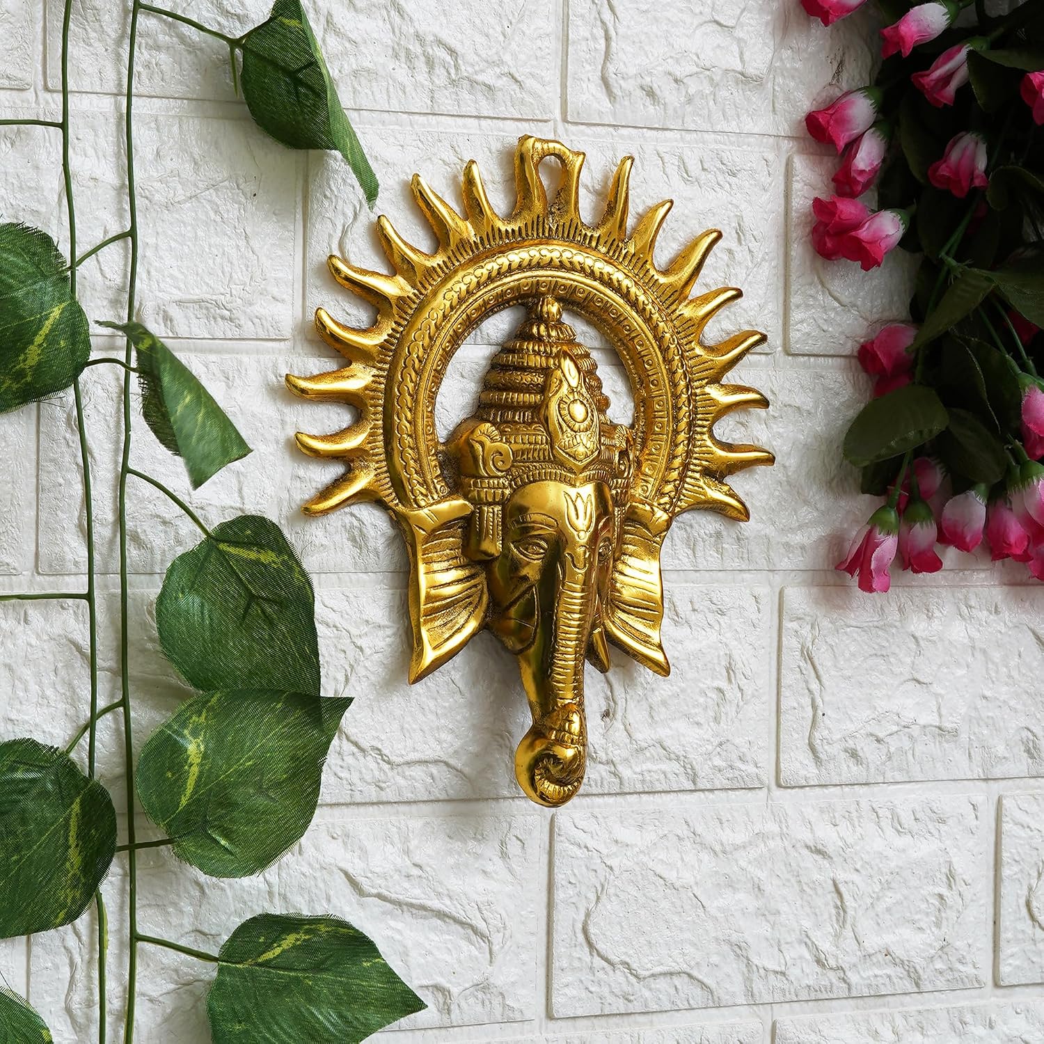 eCraftIndia Golden Metal Sun Decorative Ganesha Wall Hanging | Lord Ganesha Statue Wall Art- Decorative Showpiece for Wall Decor