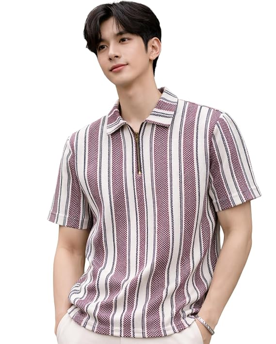 London Hills Men’s Loose Fit Half Sleeve Vertical Striped Polo T-Shirt with Zip Collar | Premium Polyester Fabric | T Shirt for Man | Tshirt | Shirts Men | Tshirt for Man | Men T-Shirts