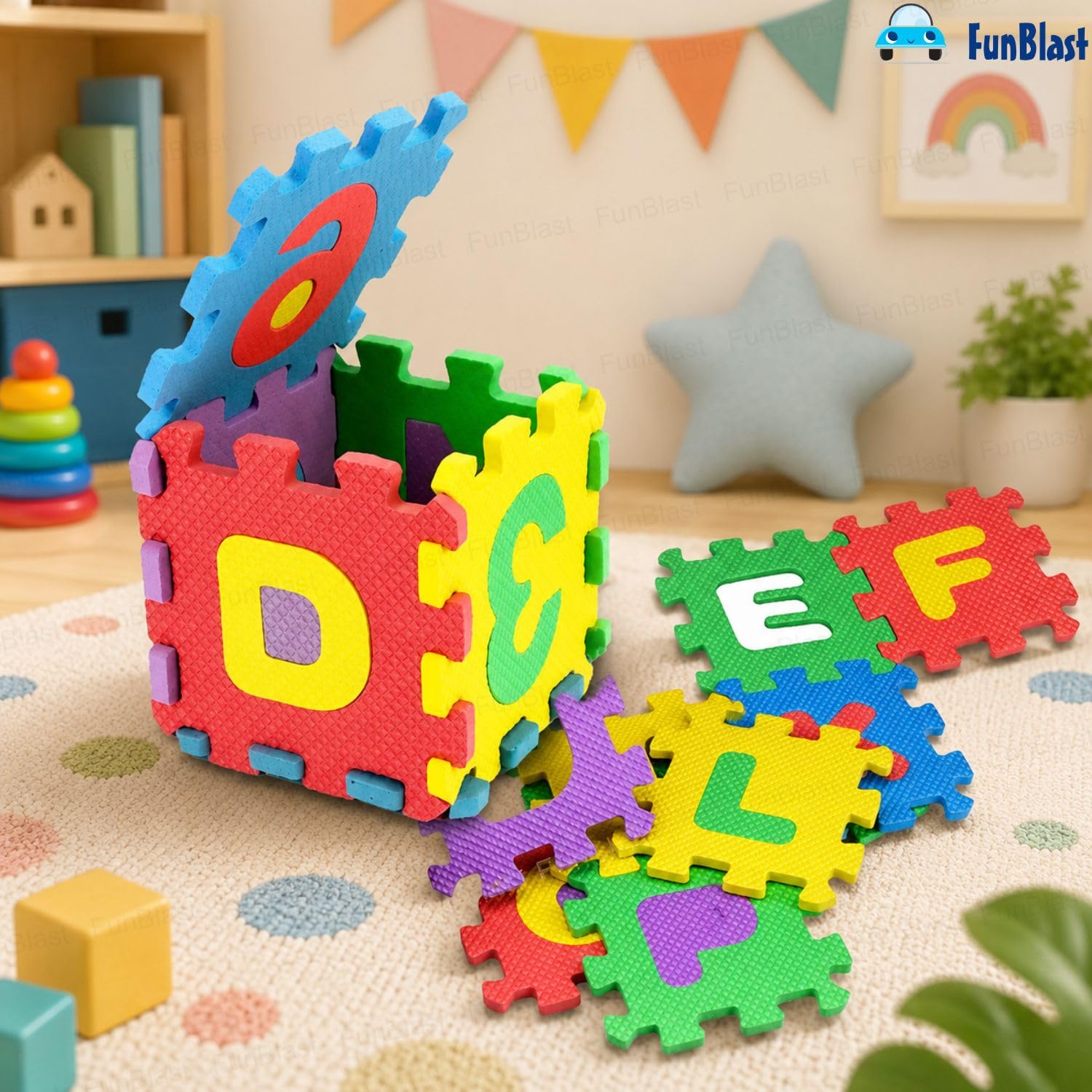 FunBlast 36 Pieces Mini Puzzle Foam Mat for Kids, Interlocking Learning Alphabet and Number Mat for Kids - Multi-Color