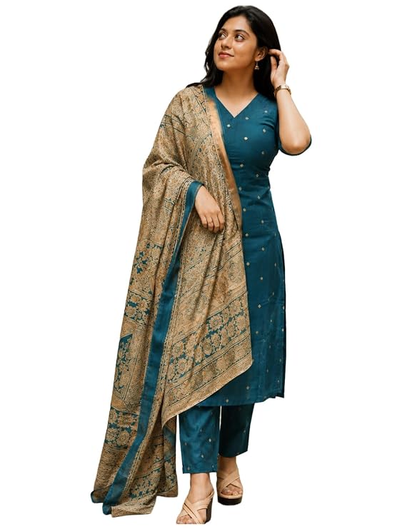GoSriKi Kurta Set Women Viscose Printed | Kurti Set Woman | Kurta Pant Dupatta 3 Piece Outfit | V-Neck Elbow Length Sleeve Straight Fit Ethnic Wear Ladies Dress Stylish Traditional Clothing