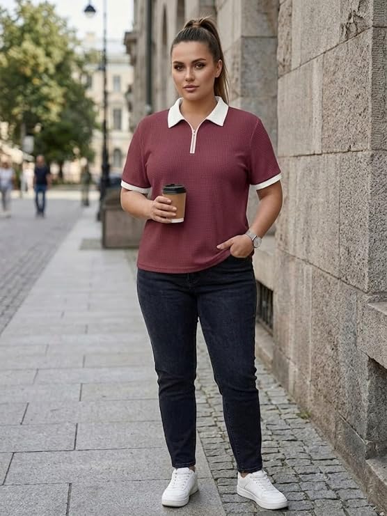Women Polyester Regular Fit Polo T-Shirt with Short Sleeve and Zipper Waffle Self Design