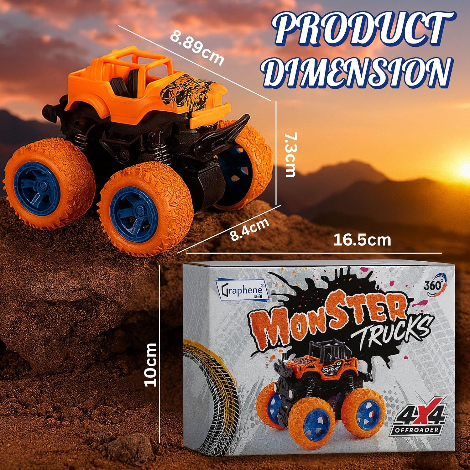 GRAPHENE 4WD Friction Powered Monster Truck Toy Push & Go Off-Road Car for Kids Amazing 360° Stunts