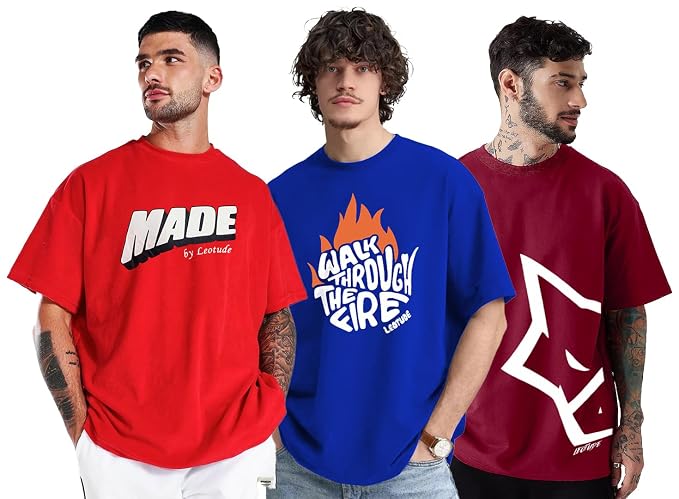 LEOTUDE Men's Cotton Regular Fit Half Sleeve Oversized Tshirt, Round Neck