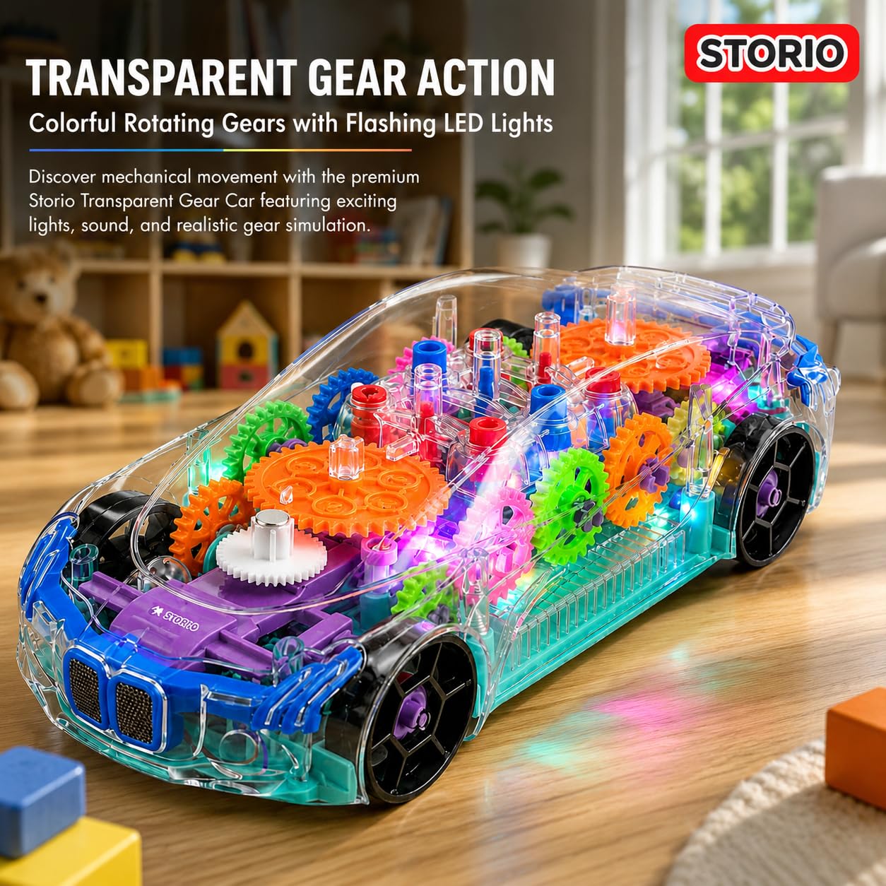 Storio 3D Baby Car Toy with 360 Degree Rotation, Gear Simulation Mechanical Car with Sound Music & Light Toys for Kids Boys & Girls, Multicolor