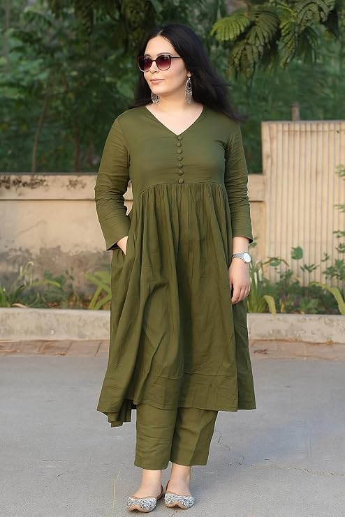 Anarkali Kurta Pant Set for Women Long Flared V-Neck Kurta | Office & Casual Wear | 3/4 Sleeve | Button Front