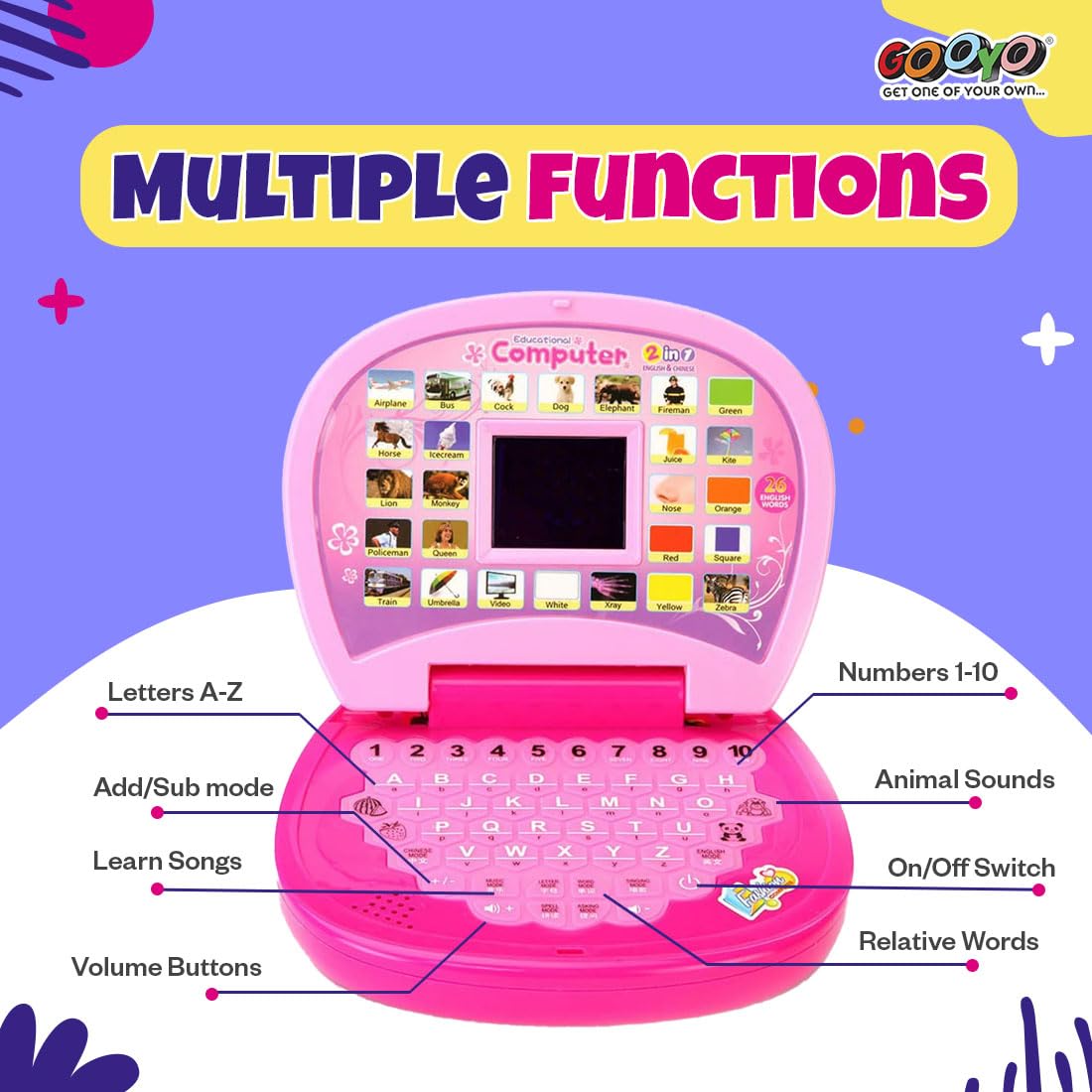 Gooyo GY-2020A Educational Learning Laptop Toy with LED Display and Musical Effects | Play & Learn with Fun | Indoor Toy for Kids | Educational Toy | Pink | 3xAA Battery (Not Included)