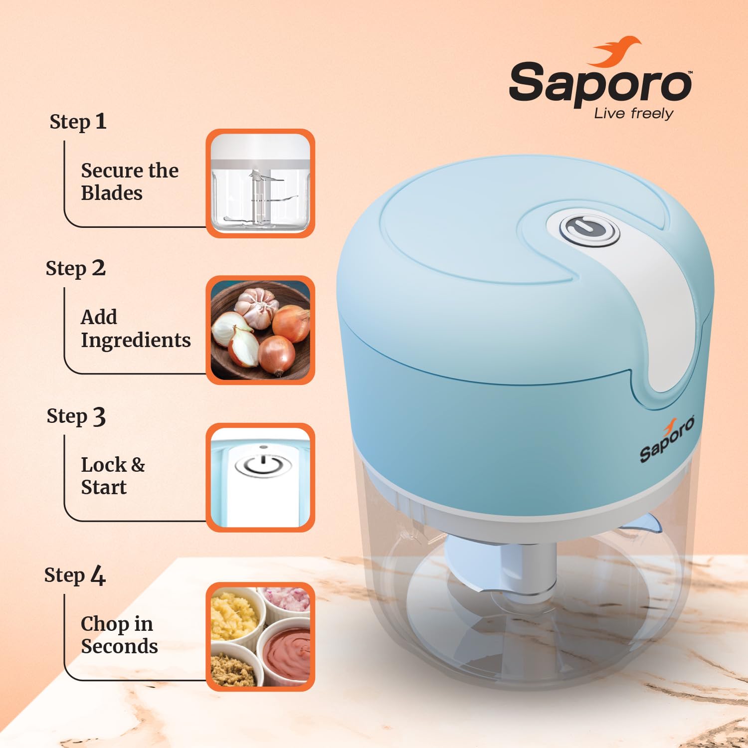 Saporo Strike Mini Rechargeable Vegetable Chopper for Kitchen - One Touch Operation - 3 Stainless Steel Blades for Chopping Onion, Mincing Garlic, Nuts, Meats - 250 ml Capacity, Blue
