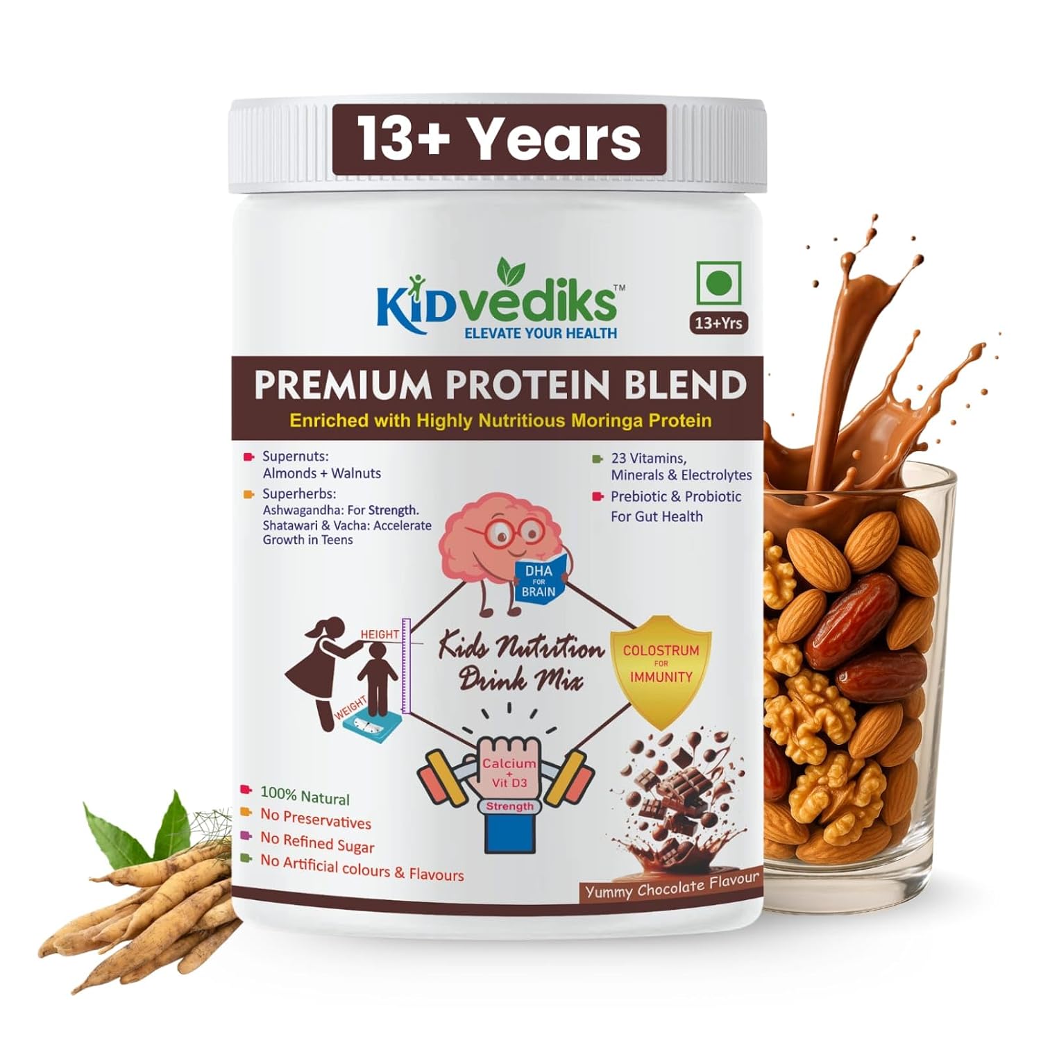 KidVediks Kids Nutrition Drink Mix Ages 13+ (350g) | Protein Powder for kids | 10g Protein/Serving | Health Drink | 23 Vitamins & Minerals |DHA, Calcium, Zinc | | Chocolate Flavour Nutrition Drink Powder